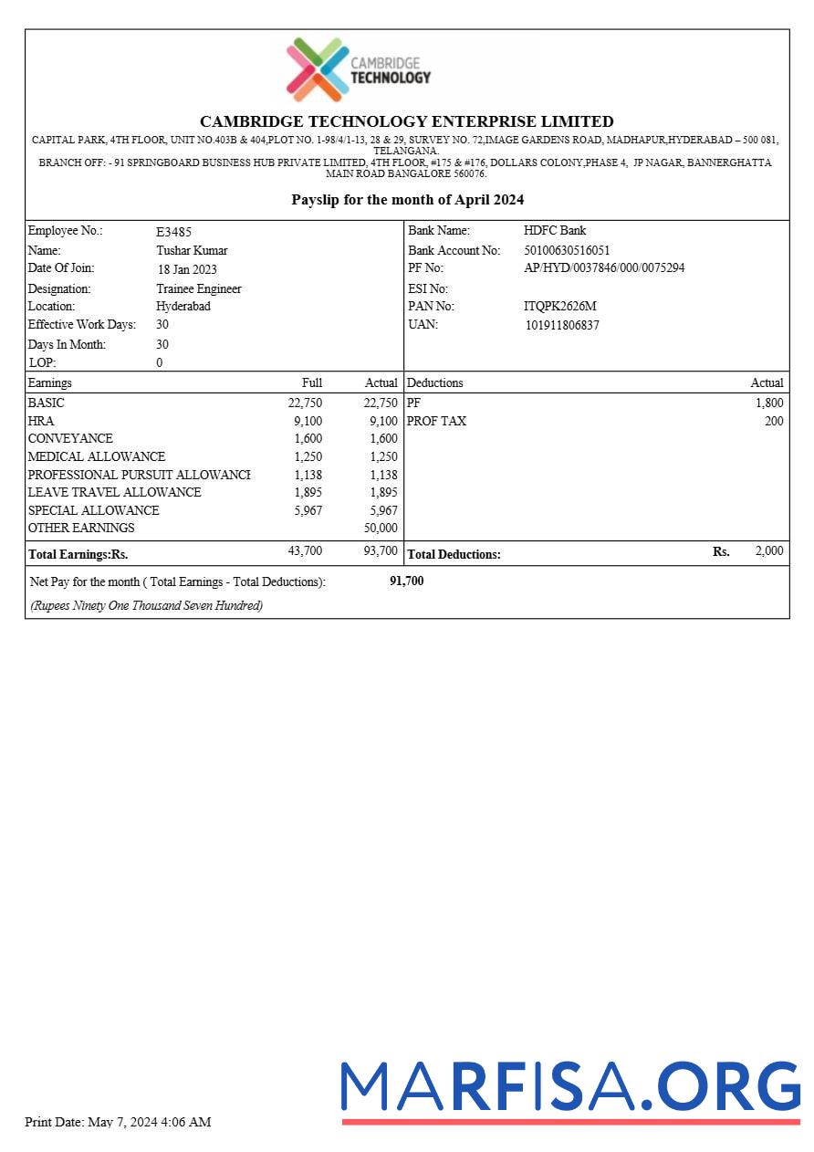 Downloadable Cambridge Technology Enterprises payslip sample